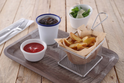 Servírovací nerezový košík mini fritovací koš 100x80x65mm - Gastro příslušenství - CATERING Servírovací podnosy, misky, vaničky, košíky