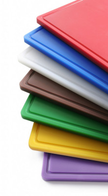 PE deska krájecí 1/2 HACCP žlutá s drážkou 325x265x12mm - Špalky na maso Masodesky Porcovací desky - Krájecí desky plastové