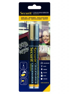Securit® Tekutý křídový popisovač 1-2mm, sada 2ks zlatý, stříbrný - Barový, restaurační servis a hotelové doplňky - Popisovače na tabuli a sklo - Popisovače 1-2mm