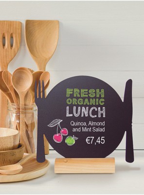 Securit® Stolní popisovací tabule TALÍŘ s popisovačem, dřevěný stojánek - Barový, restaurační servis a hotelové doplňky - Nabídkové tabule stolní - Tabulka s motivy s hliníkovým podstavcem